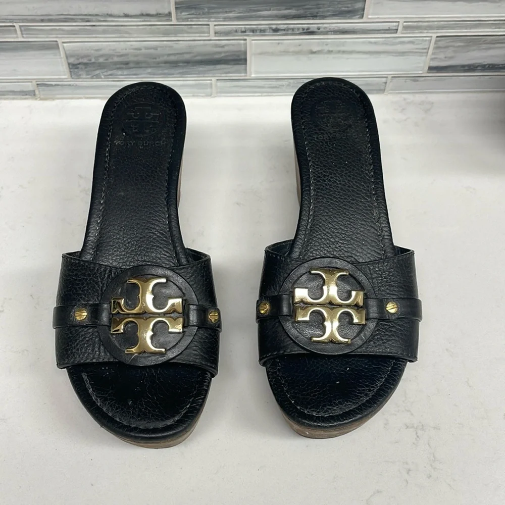 TORY BURCH Black Patti 3" Wedge Sandals Women's Size 9